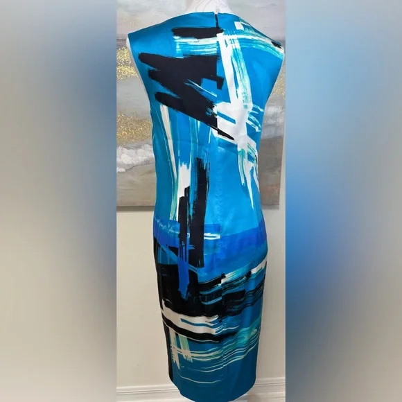 ST JOHN Brushstroke Stretch Silk Charmeuse Draped Cyan/Black Dress, Size 2 - Picture 6 of 16